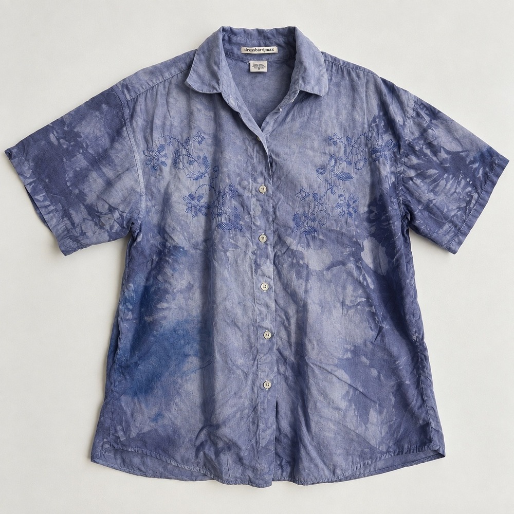 Vtg Hand Dye Blue Floral Embroidered Cotton Button Down Shirt S Cottagecore Sky
